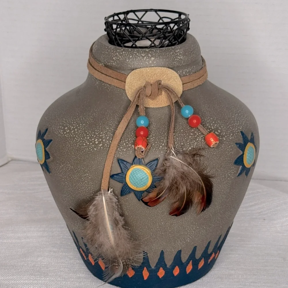 Southwestern Native American candle votive holder Pottery Hand Painted